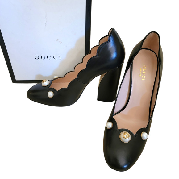 Gucci Willow Pearl GG Logo Black Leather High Heels Pumps 8.5 38.5 432065 - Picture 1 of 15